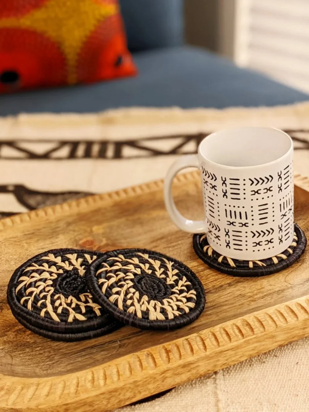 Black White Woven Raffia Grass Drink Coasters - Set of 4 | Boho African Decor